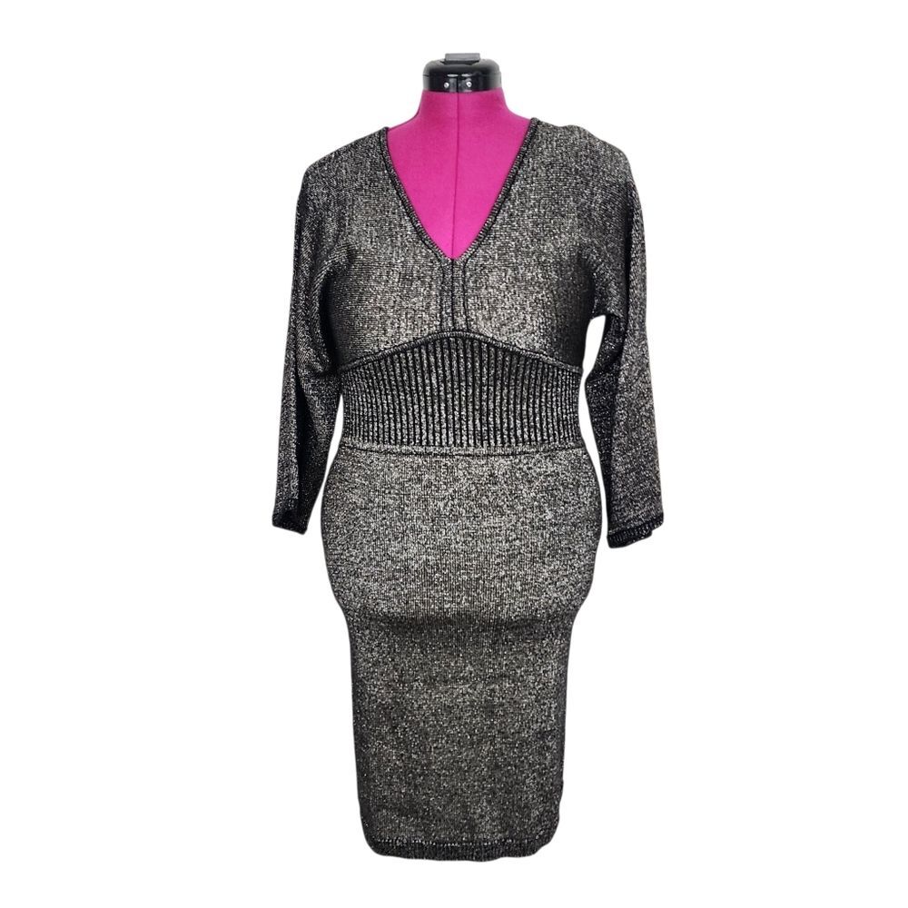 Marc New York Metallic Knit Bodycon Dress Kimono Sleeves Stretchy Shimmer Party